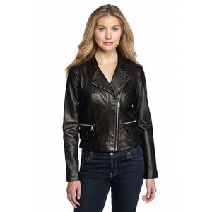 New! ANDREW MARC New York Women's Black Moto Biker Leather Jacket Full Zip Small